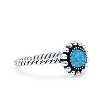 Petite Dainty Rope Vintage Style Lab Opal Ring Solid Oval Oxidized Lab Created Blue Opal 925 Sterling Silver
